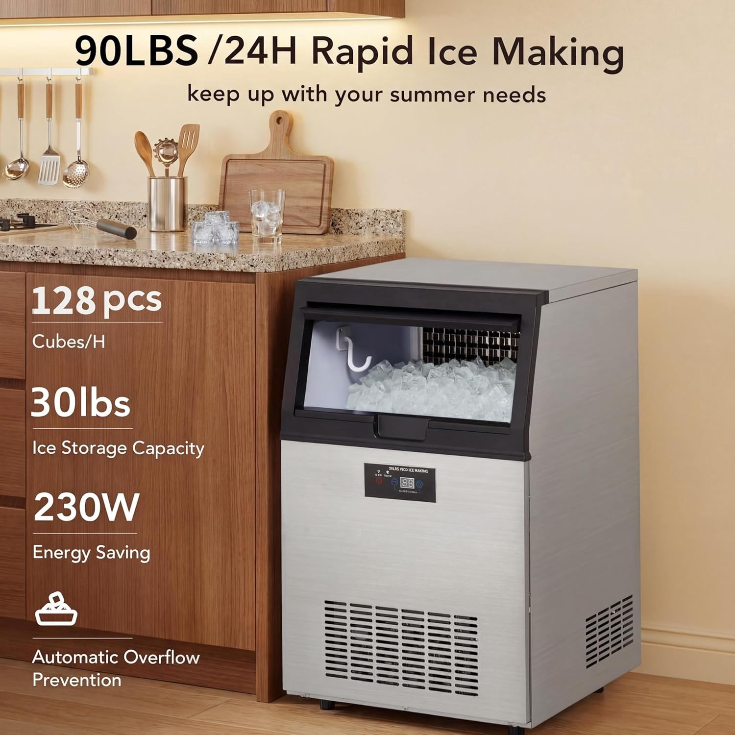 Commercial Ice Maker Machine, 80Lbs/24H Produce & 33Lbs Storage, Built-in Undercounter Ice Machine with 6 Adjustable Sizes, Quiet Stainless Steel Ice Maker for Home/Bar/Restaurant