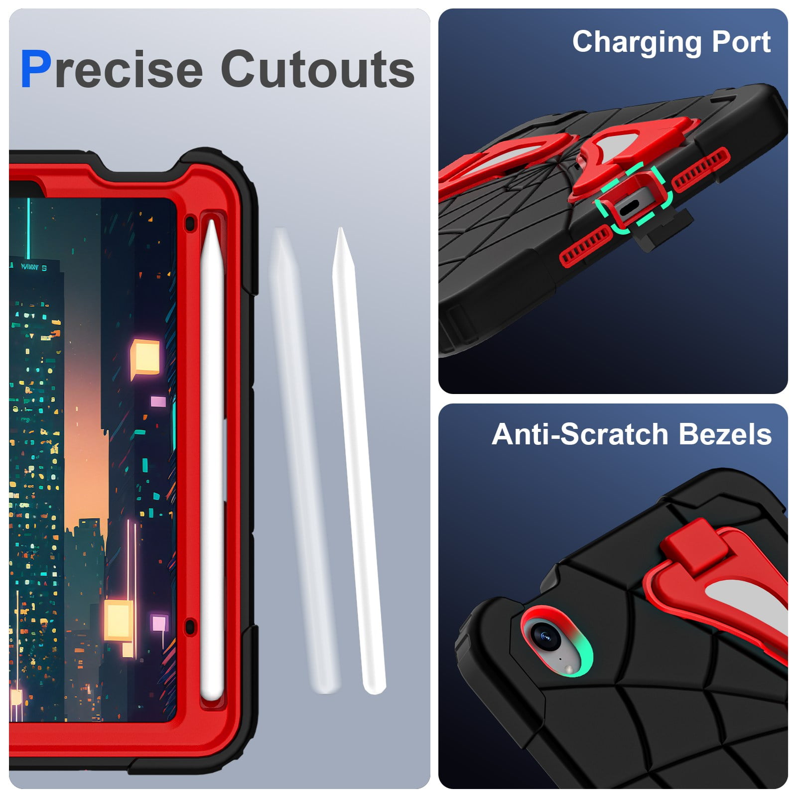 ELEHOLD Kids Friendly Case For Apple iPad mini 7th(A17 Pro) 2024/6th, Heavy Duty Shockproof Rugged Protective Case with Pencil Holder Foldable Kickstand for Boys Children Case, Black+Red
