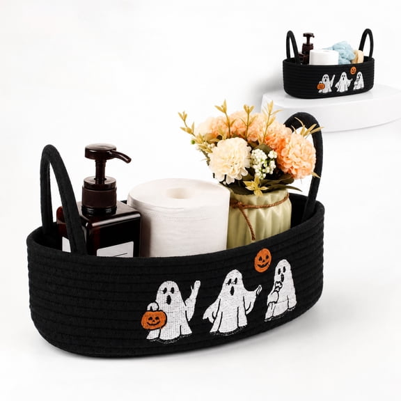 Toilet Tank Basket Halloween Ghost Decor Woven Storage Basket for Bathroom Countertop Black Cotton Rope Organizer for Bedroom Holiday Party Supplies,A