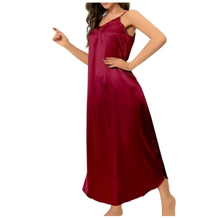 BRGZLK Women s Satin Nightshirt Sexy Sleepwear Lace Chemise Nightgown Babydoll Sleepwear Wine XL