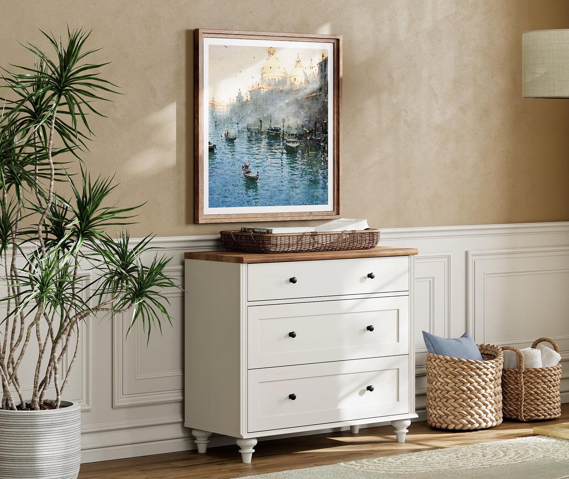 White Bedroom Dresser with 3 Drawers, Mid Century Modern Wooden Closet Storage Organizer, Small Dressers Suitable for Living Room, Nursery, and Hallway