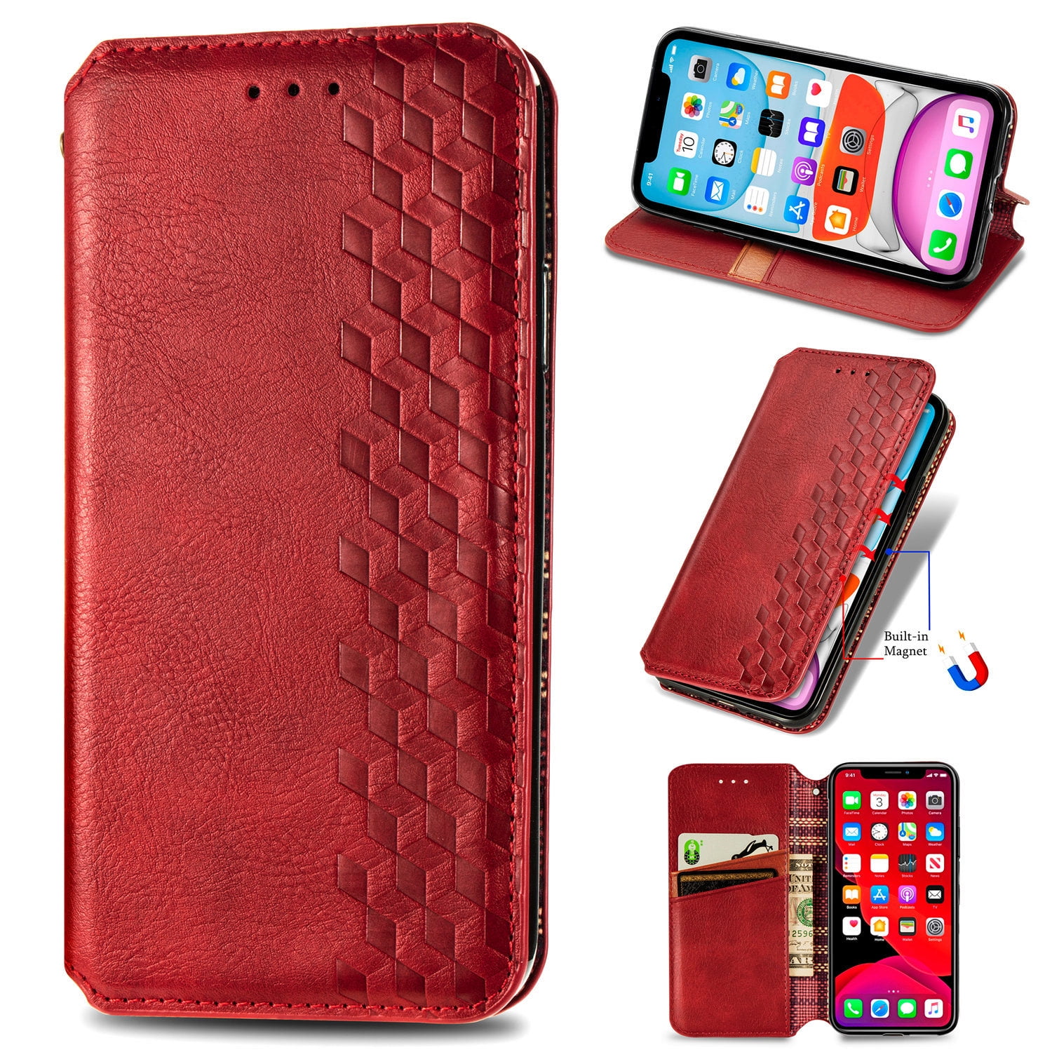 Flip Leather Wallet Phone Case Protective Shockproof Cover with Card Holder Inside Makeup Mirror for Apple iPhone XR 6.1 2018 WWW iPhone XR Case, Red Luxurious Romantic Carved Flower