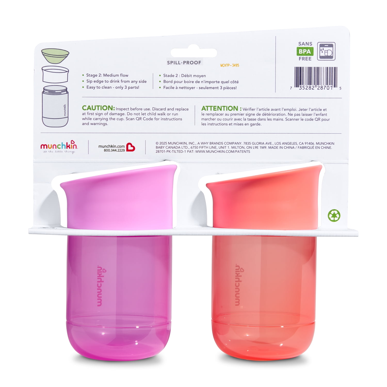 Munchkin Miracle 360 Spill-Proof Sippy Cup, Medium Flow, 10 oz, Coral/Purple, 2 Pack