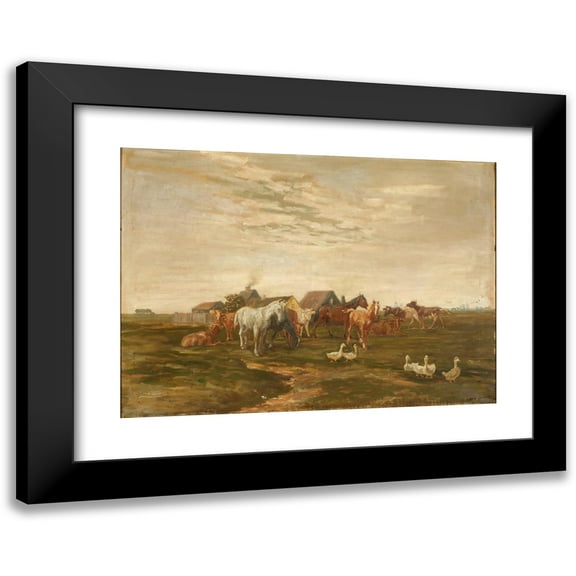 Luplau Janssen 14x11 Black Modern Framed Museum Art Print Titled - Landscape with Horses and Cows on the Meadow by a Farm (1918)