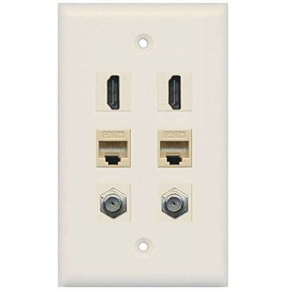 RiteAV - 2 HDMI 2 Port Coax Cable TV- F-Type 2 Port Cat5e Ethernet Wall Plate - Light Almond