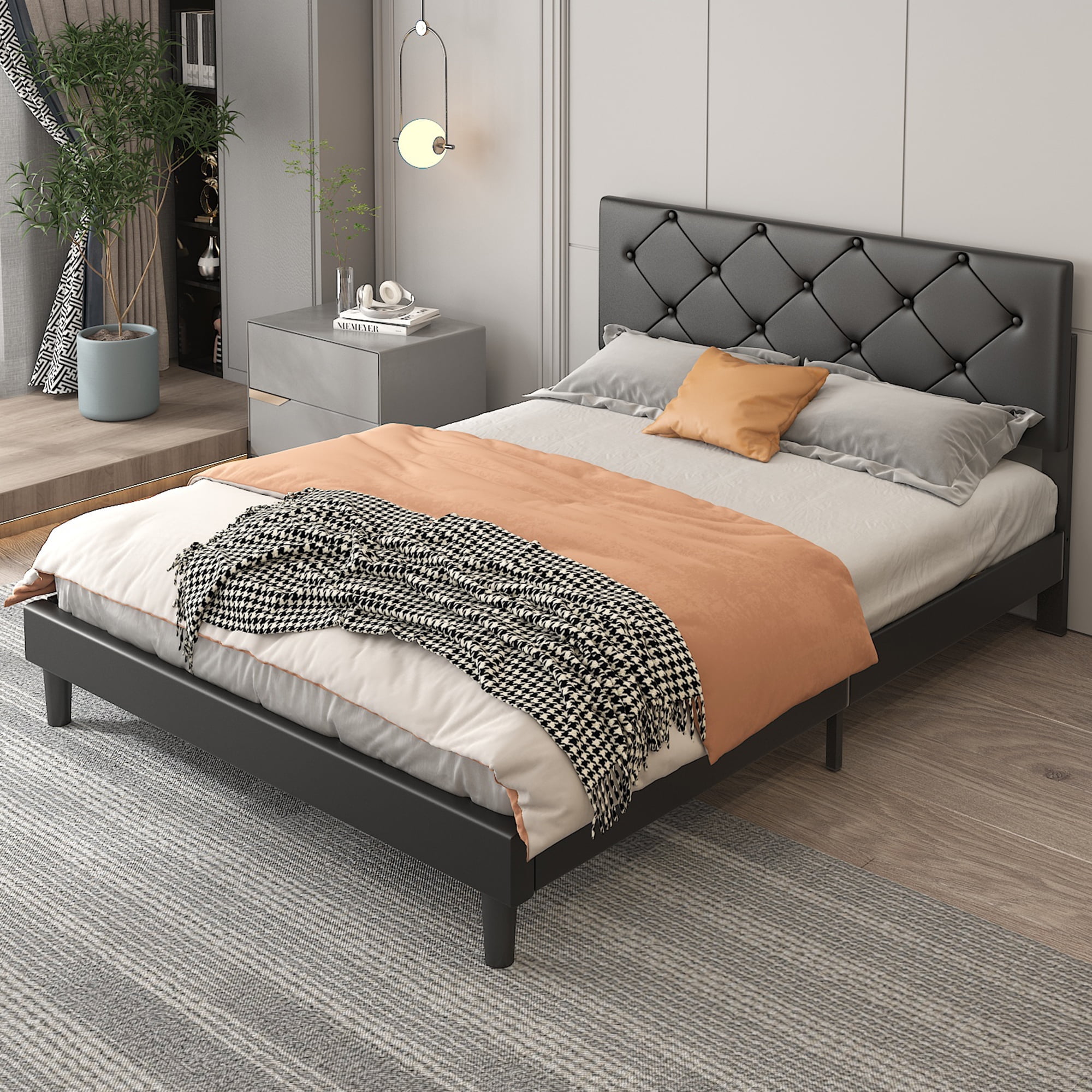 HSUNNS Upholstered Platform Bed, Queen Size Platform Bed with Faux