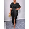 thumbnail image 5 of Women'S Satin Silky Long Sleeve V Neck Lace Up High Waist Side Split Maxi Dress, 5 of 7