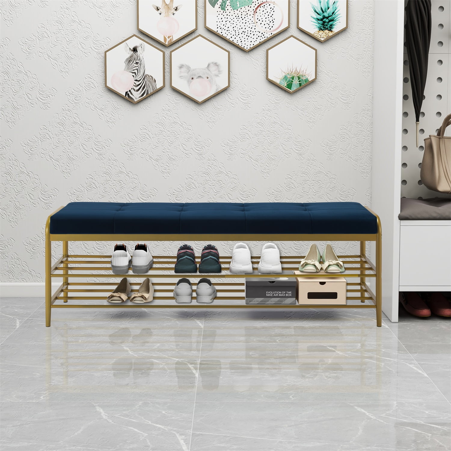 Kadyn Shoe Storage Bench, Coat Rack Shoe Bench with 2 Shelves, Large Shoe Rack Bench for Entryway, Navy Blue Kadyn Shoe Storage Bench, Coat Rack Shoe Bench with 2 Shelves, Large Shoe Rack Bench for Entryway, Navy Blue