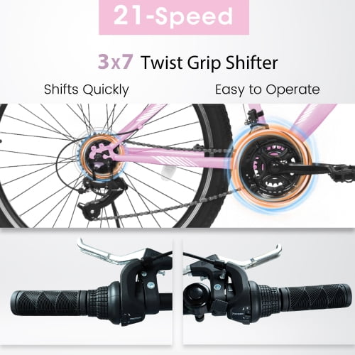 FUPOJH 24-Inch Women's Mountain Bike,21-Speed,Front Suspension,Dual V-Brakes, 80% Pre-Assembled Adult Trail Bike,