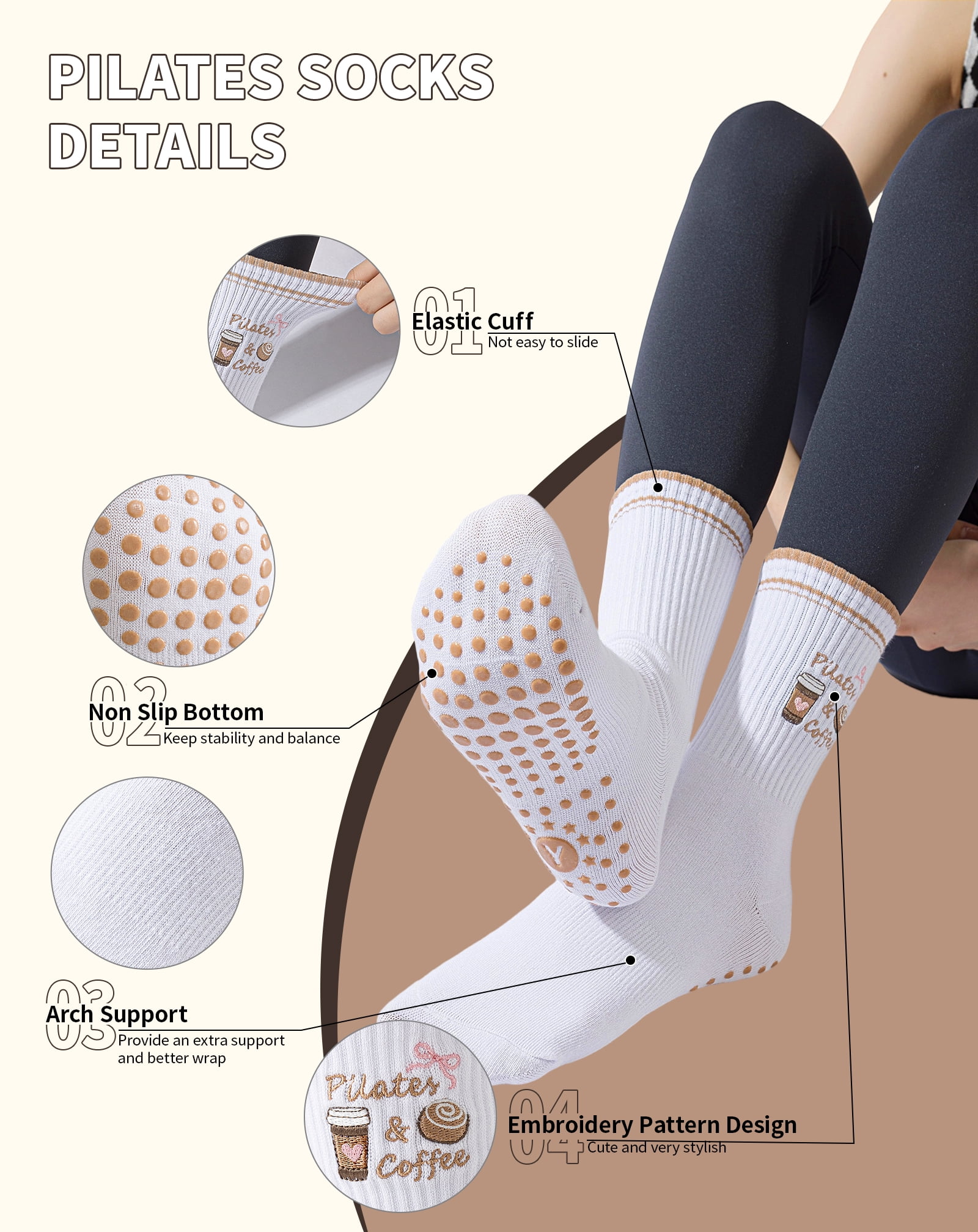 Yawlsow Pilates Grip Socks for Women, Grippy Yoga Socks with Coffee Embroidery for Barre Ballet Workout, US Size 5-10