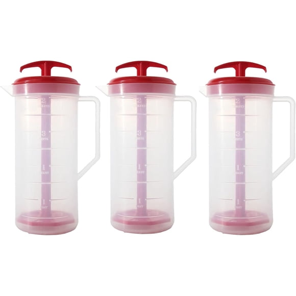 Pichet Mélangeur Rouge de 2 Pintes avec Plongeur – Pichet en Plastique Sans BPA pour Jus, Lait, Shakes, Thé et Plus – Couvercle Lavable au Lave-Vaisselle et Anti-Fuite, Ensemble de 3