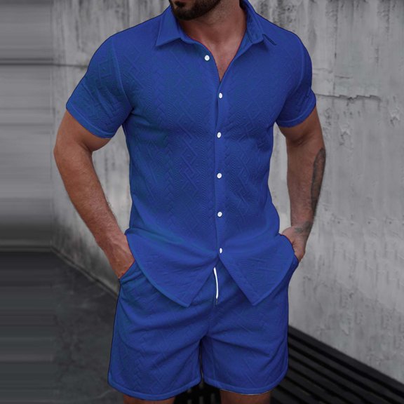 Sets for Men Clothing 2 Piece Solid Color Jacquard Short Sleeve Button Collar Top and Drawstring Waist Shorts, Elevated Weekend Set Dark Blue S
