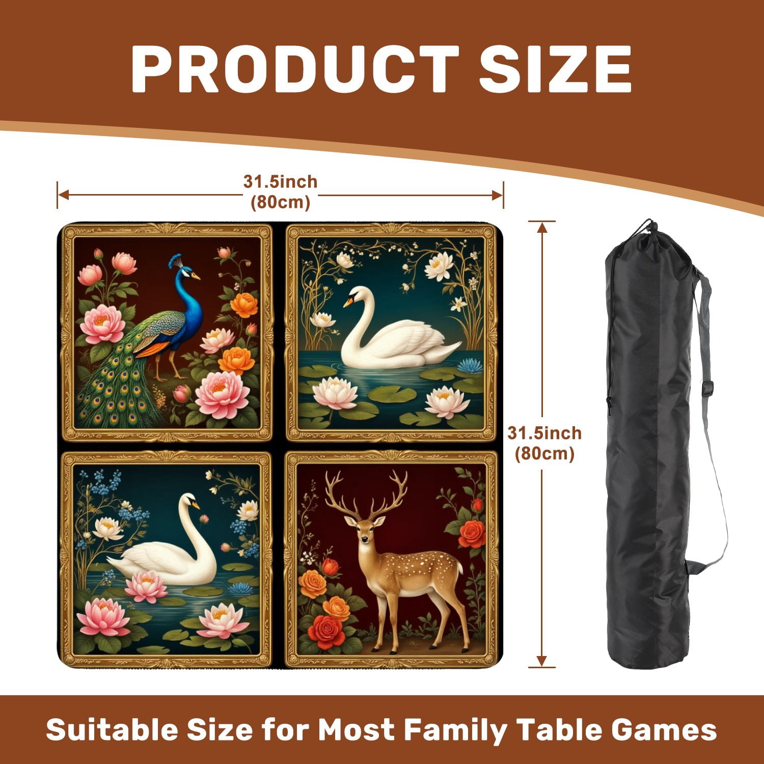 Mahjong Mat 31.5" x 31.5" Peacock Swan Deer Lotus Flowers Roses Classic Botanical Art Style Non-Slip Noise Reduction American Mahjong Tiles Table Cover for Dominoes Poker Card Board Games Gift