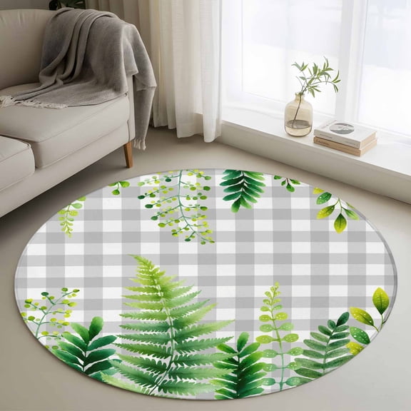 Spring Leaves Round Area Rug 3.3Ft Washable Circle Rugs for Dining Room Table, Pastoral Garden Botanical Gray Plaid Non-Slip Carpet Floor Mats Indoor Outdoor Carpet Runner Aesthetic Home Decor