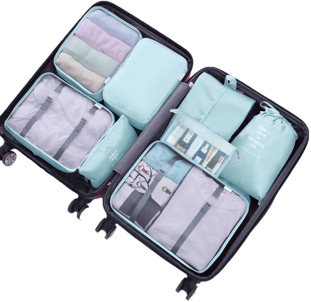 Koovon 8Pcs Travel Packing Cubes Set, Foldable Suitcase Organizer for Clothes, Blue  (图3)