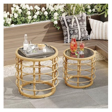 Rattan Round Side Table Set of 2, Small Circle Desk with Solar Lights and Tempered Glass Top,Weather-Resistant Wicker for Patio, Small Coffee End Table for Outdoor Living, Patio,Natural
