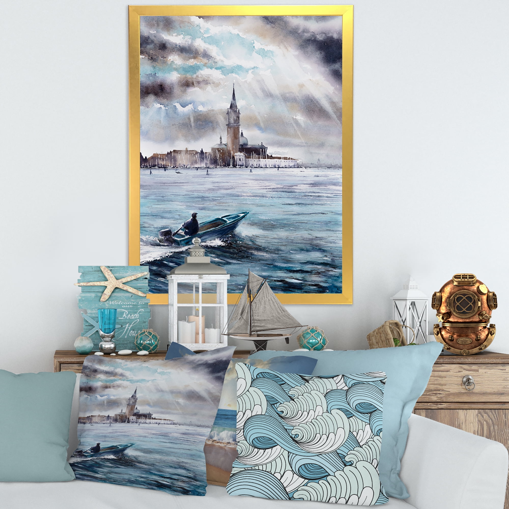 Designart 'Boat Returning In Storm Over Venice In Italy' Nautical & Coastal Framed Art Print