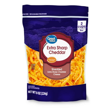 Great Value Extra Sharp Cheddar Shredded Cheese, 8 oz Bag