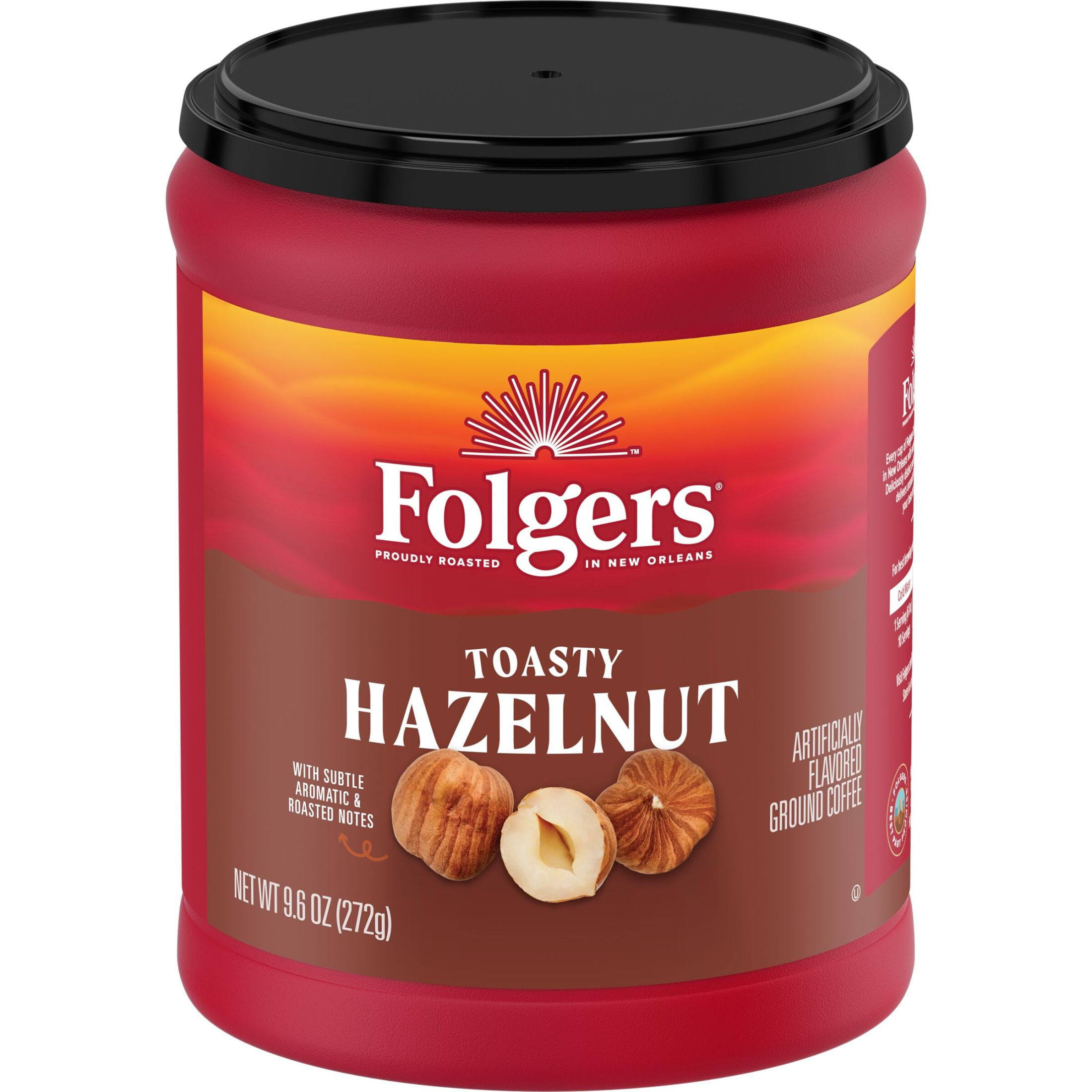 (6 pack) Folgers Toasty Hazelnut Artificially Flavored Ground Coffee, 9.6 oz Canister