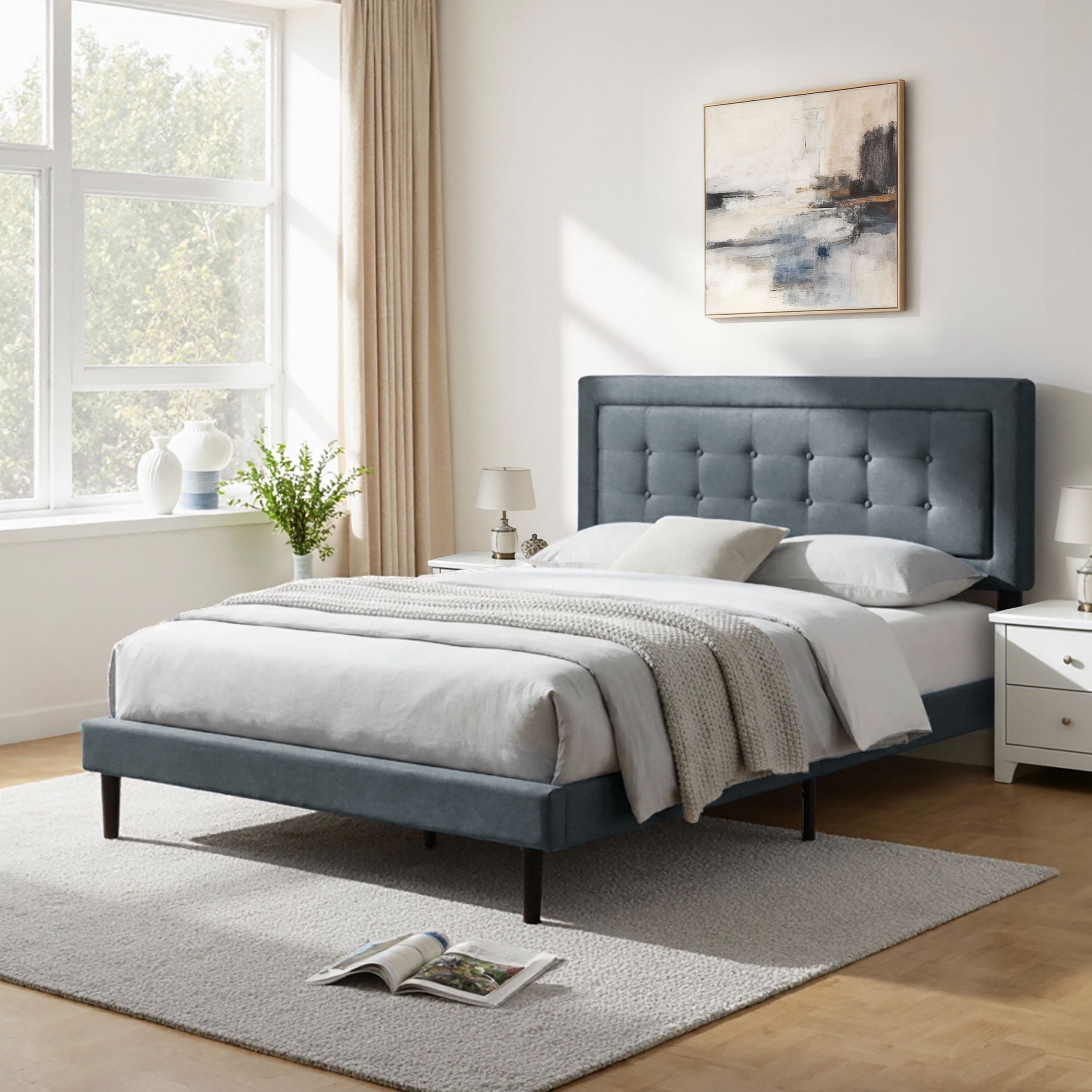 Gewnee Queen Size Platform Bed Frame with Upholstered Tufted Headboard,Wood Slats Support,Easy Assembly,No Box Spring Needed,Dark Grey