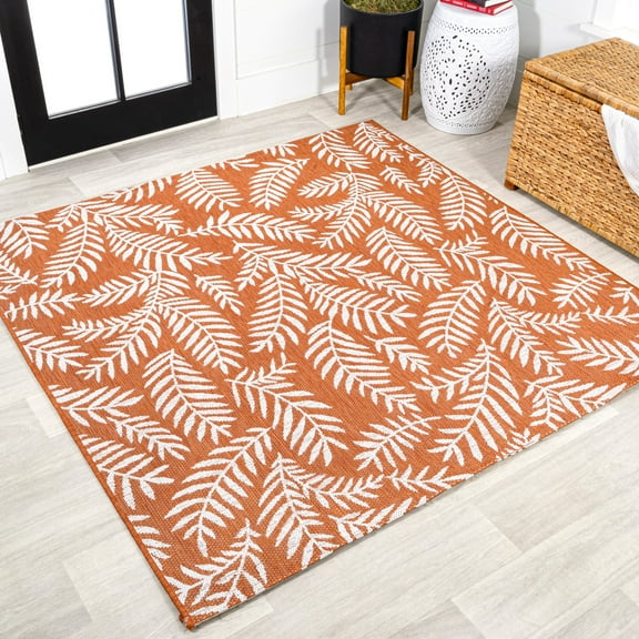 JONATHAN Y SANTA MONICA 5' Square Area Rug, Nevis Palm Frond - Orange/Cream, SMB119E-5SQ