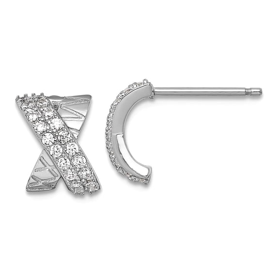 925 Sterling Silver Rhodium Plated Polished and Patterned X Cubic Zirconia Post Earrings 9.1x7.4mm Wide Stud Earring for