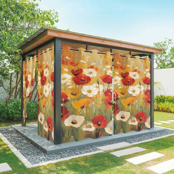 Retro Floral Outdoor Curtains for Patio Waterproof, Red White Yellow Poppy Flowers Oil Painting Grommet Curtains for Porch Outside Privacy Drape for Gazebo Garden Pergola, 1 Panel, 54x95in