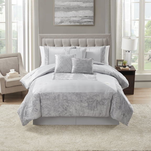 Sweet Home Collection Luna 7 Piece Crushed Velvet Comforter Set, King, Gray
