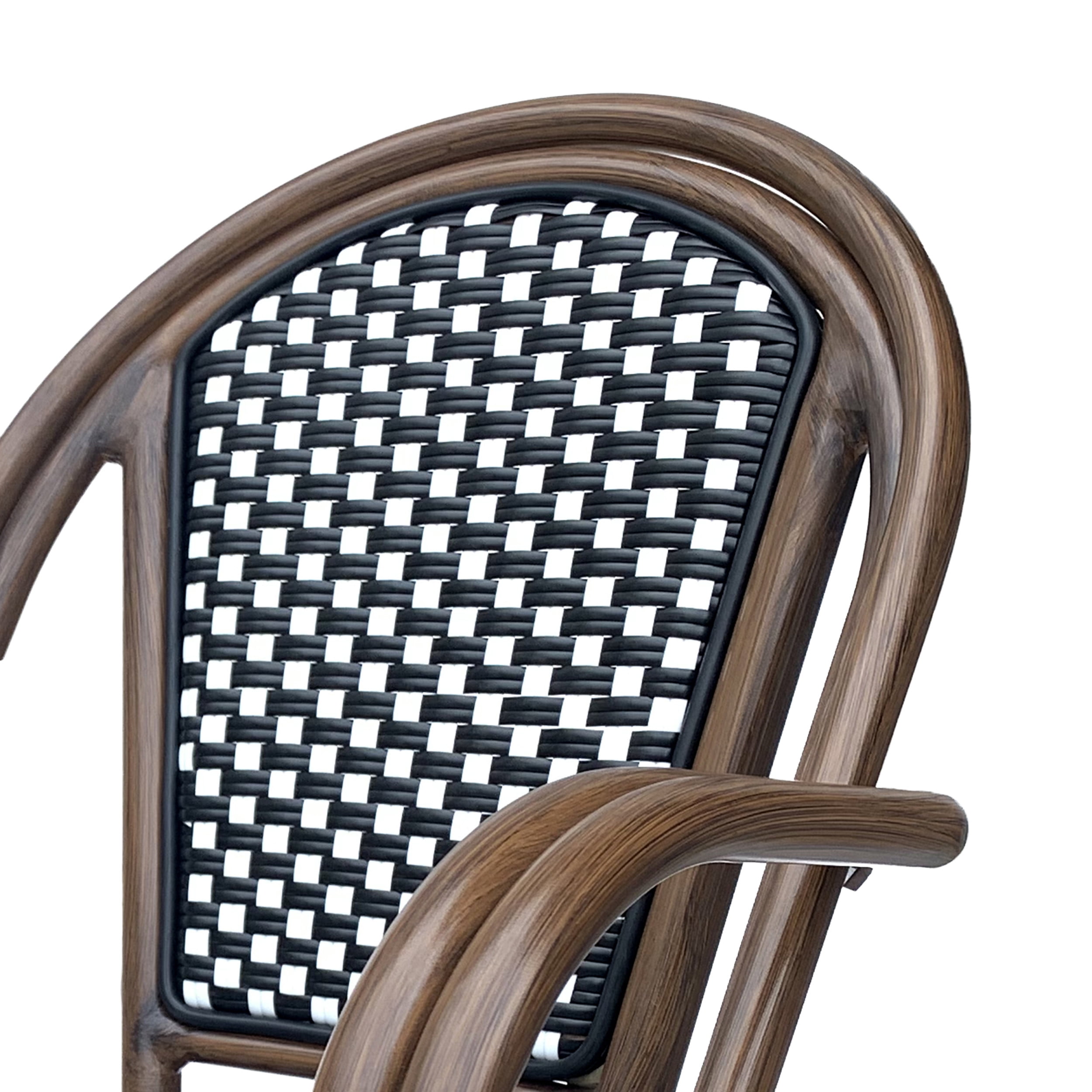 Cecil Aluminum and Wicker Outdoor French Bistro Chairs, Set of 4, Black, White, and Brown Wood