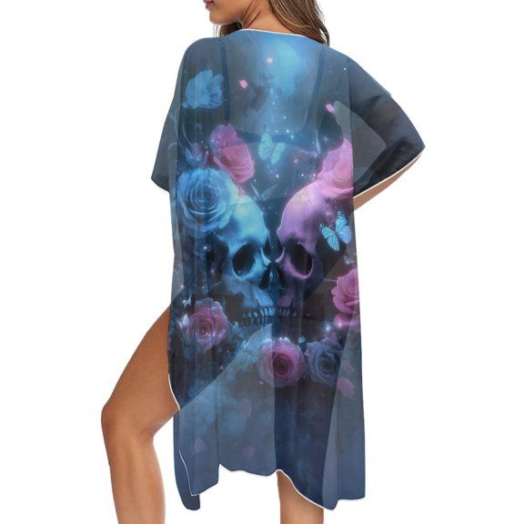 SCRAWLGOD Skull Rose Butterfly Print Women's Swimsuit Coverup Summer Swimsuit Cover Up Long Lightweight Beach Cover Up