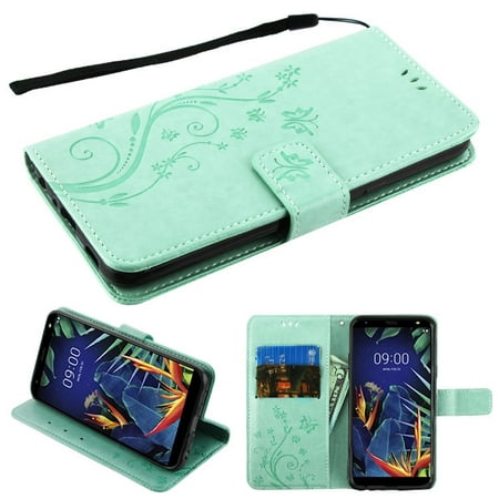 LG K40 Phone Case 3D Butterfly Flowers Leather Texture Flip Wallet Case Stand Pouch Folio Book Magnetic Buckle with Credit Card / ID Slots Holder, Cash Pokcet & Strap TEAL MINT Cover for LG K40