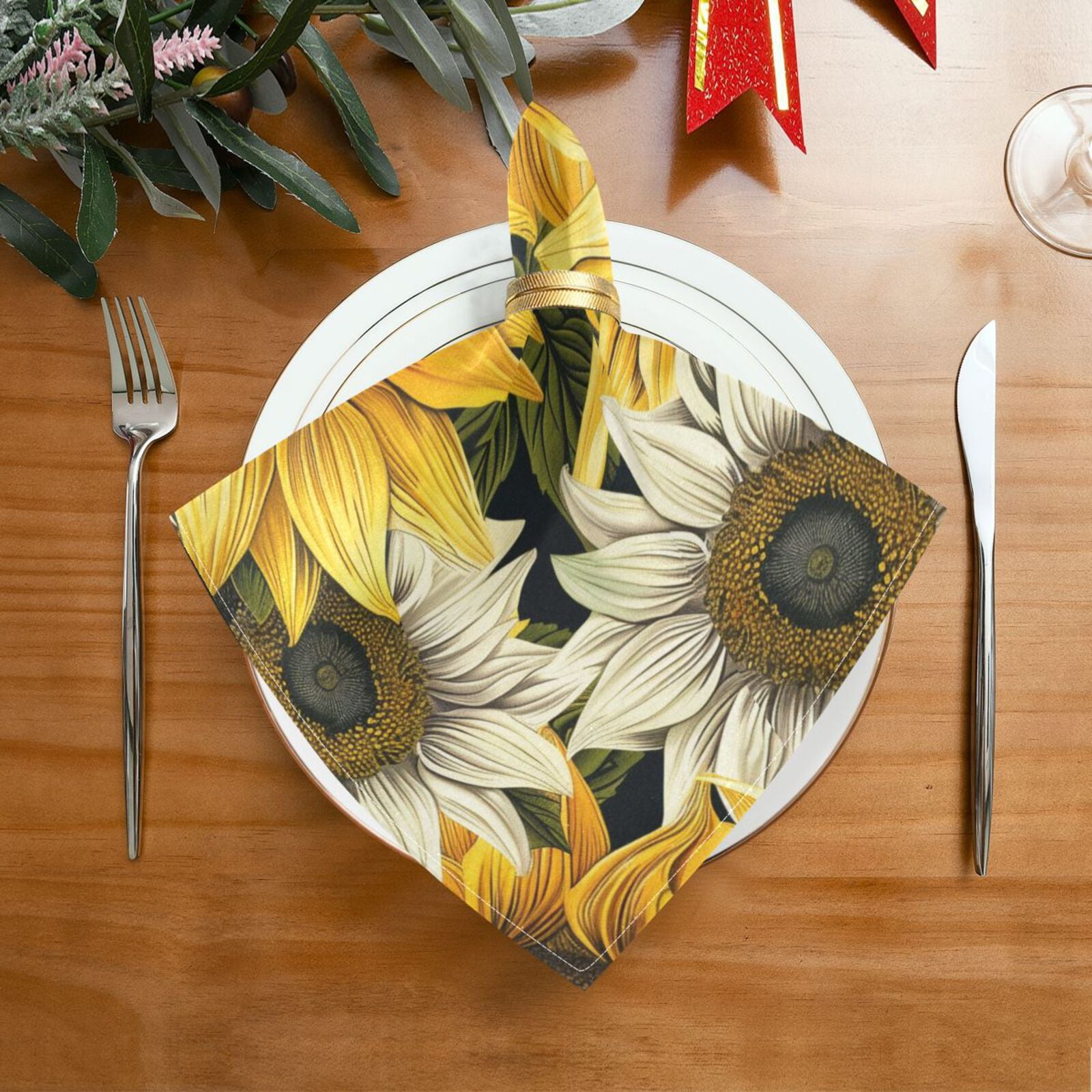 JSTEL Sunflower Vintage Yellow & White Cloth Napkins Set of 6, 20x20 Inch Washable and Reusable Napkin for Decoupage Dinner Party Everyday Use
