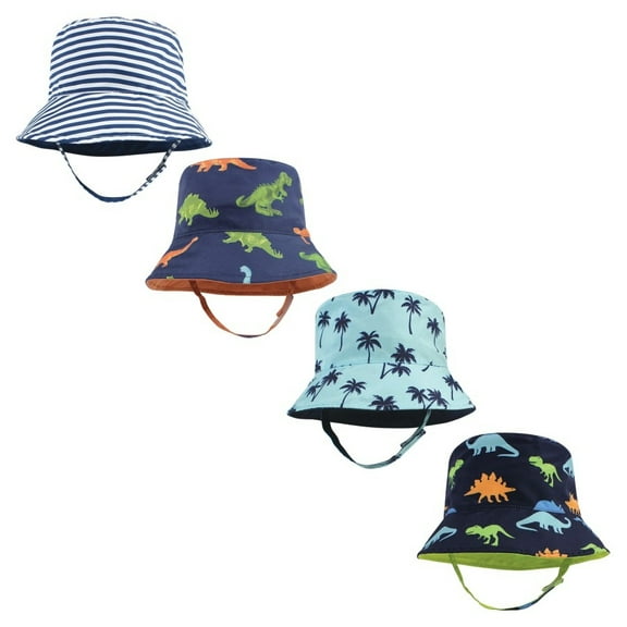 Hudson Baby Infant Boy 4Pc Sun Protection Hat, Dino Stripe Dinosaur Palm Tree, 0-12 Months