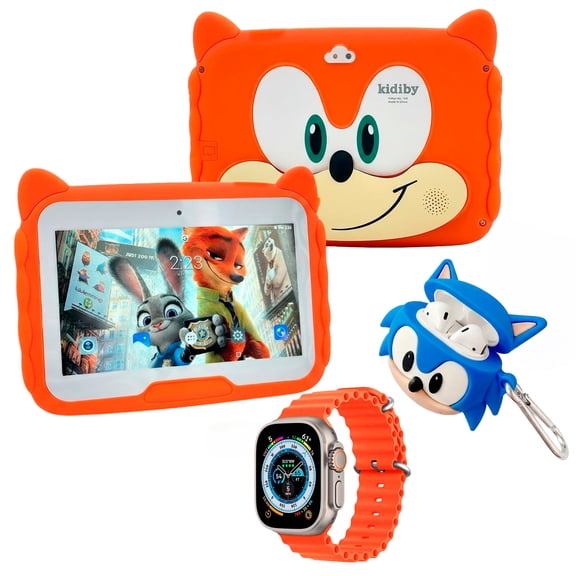 Combo Infantil Sonic: Tablet Kidiby 7" 128GB + 8GB RAM + Smartwatch T900 Ultra + Audífonos Bluetooth TWS con Funda 3D