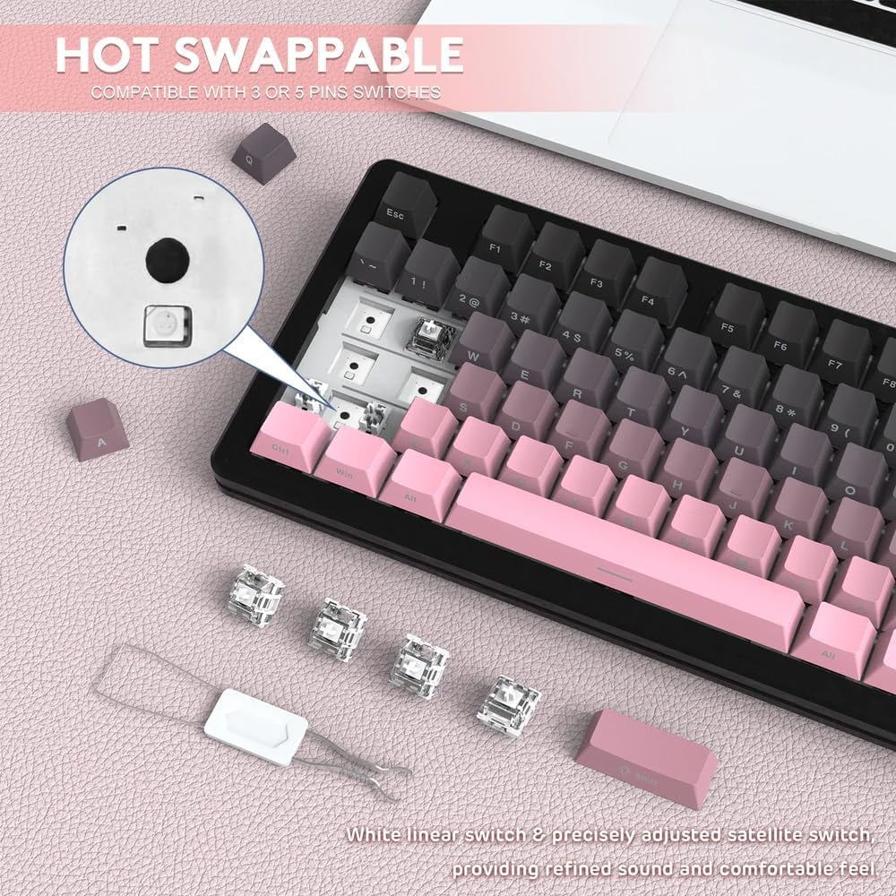ATTACK SHARK M87PRO Wireless Mechanical Gaming Keyboard,Hot Swappable Gasket RGB Custom Keyboard,Linear Switch&Side Printed PBT Keycaps,BT5.0/2.4Ghz/Type-C,5000mAh Battery for Win Mac,Gradient Pink
