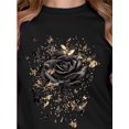 thumbnail image 1 of [Casual Style] Women's Floral Butterfly Graphic T-Shirt, 100% Cotton Crew Neck Short Sleeve Casual Top, All-Season Knit Fabric Tee with Rose and Butterfly Print, Allseason Apparel|Vibrant Casualwear|, 1 of 6