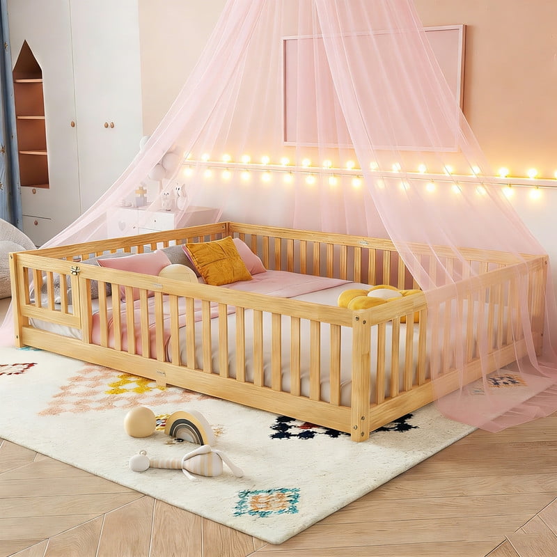 Montessori Bed with Rails, Queen Size Floor Bed with Door & Slats Support, Wood Playhouse Bed with Fence, No Box Spring Needed,Natural