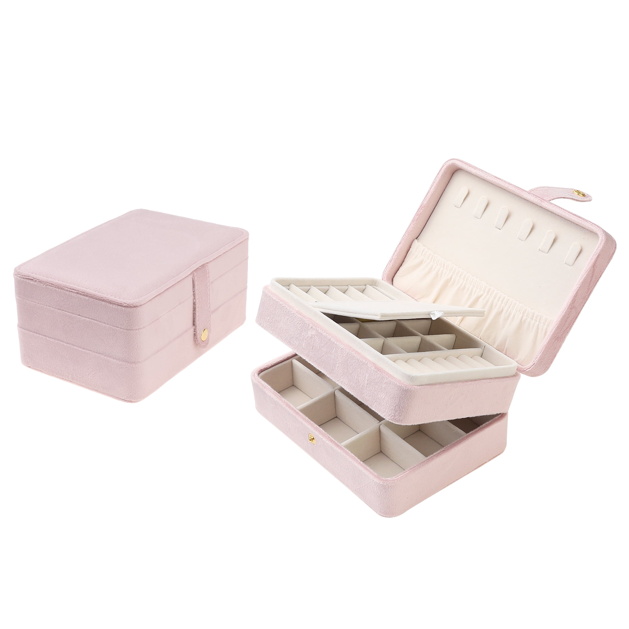 Unique Bargains 2 Layer Jewelry Box Plush Velvet Jewelry Organizer Case Storage Travel Pink