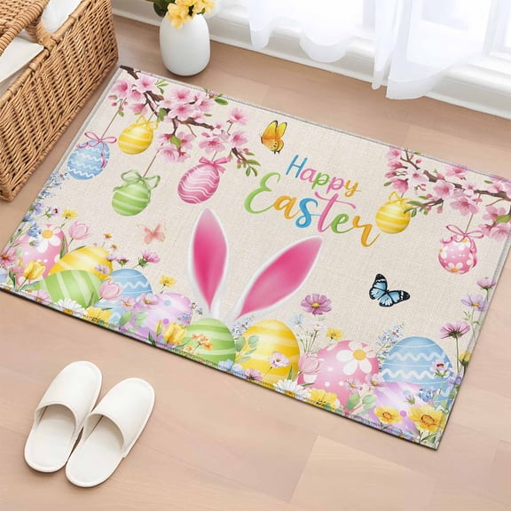 Happy Easter Entryway Rug 2'x3' Non Slip Front Door Mats, Spring Farmhouse Bunny Eggs Flower Beige Entrance Rugs Indoor Outdoor Carpet, Washable Floor Mats Small Area Rug for Bedroom Kitchen