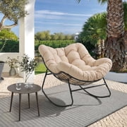 Dovov Oversized Papasan Rocking Chair, Indoor Outdoor Rocking Chair Patio Egg Chair with Cushion, Heavy Duty Steel Papasan Rocker Lounge Chair for Porch Balcony Nursery Living Room, Beige