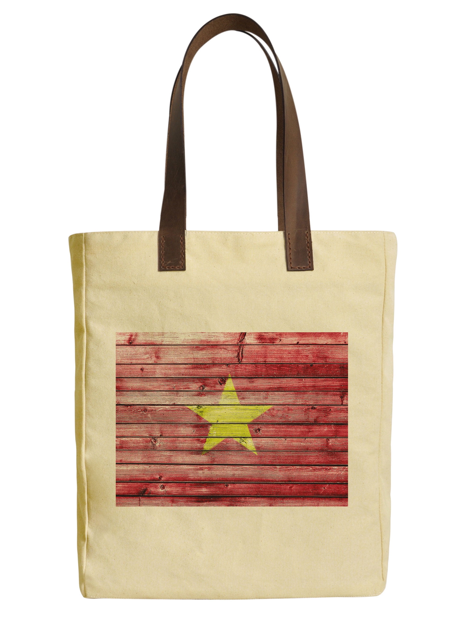 Women Vietnam Flag Beige Print Canvas Tote Bags Leather Handles WAS_30