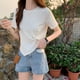thumbnail image 3 of Camisa irregular blanca para mujer, diseño único llamativo, blusa de manga corta con cintura alta y talla XL, 3 of 5