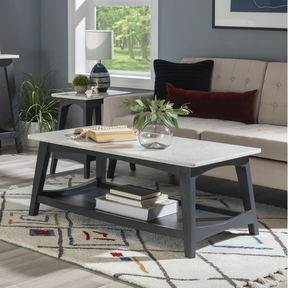 Powell Andover Indoor Modern Coffee Table with Shelf, Gray Wash/White Faux Marble