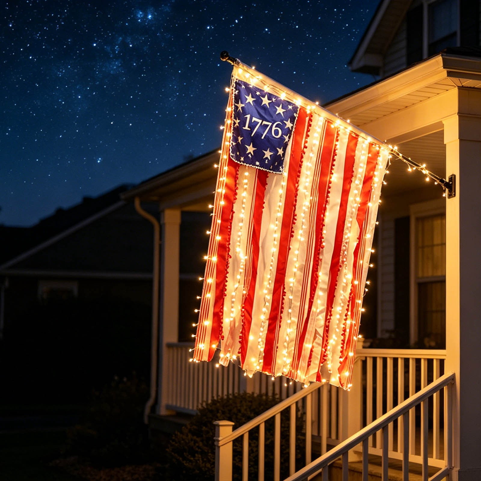 Lighted Rag American Flag Banner, 27×50in Independence Day Fringed Drapery Blue Star Flag, 1776 Decorative Hanging String Lights Flag, for Outdoor Garden Yard Home Party Decoration