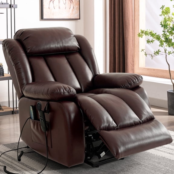 INGALIK Power Lift Recliner Chair Dual Motor, Electric Leather Recliner for Elderly with Heat and Massage, Lay Flat Assist Recliner with Side Pocket for Living Room (Brown)