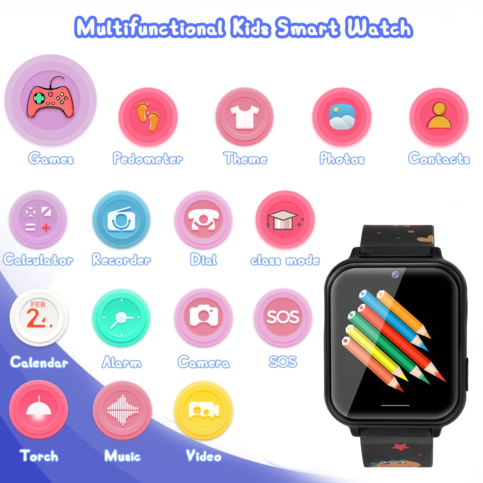 Smart Watch for Kids, Boys Girls Smartwatch with 10 Puzzle Games, Music Player, Pedometer, SOS Call, Camera, Alarm, Recorder, Calculator, Children Wristwatch for Birthday Gift (Black)