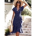 thumbnail image 3 of Navy Blue Polka Dot Wrap V-Neck Cap Sleeve Midi Dress For Women, 3 of 5