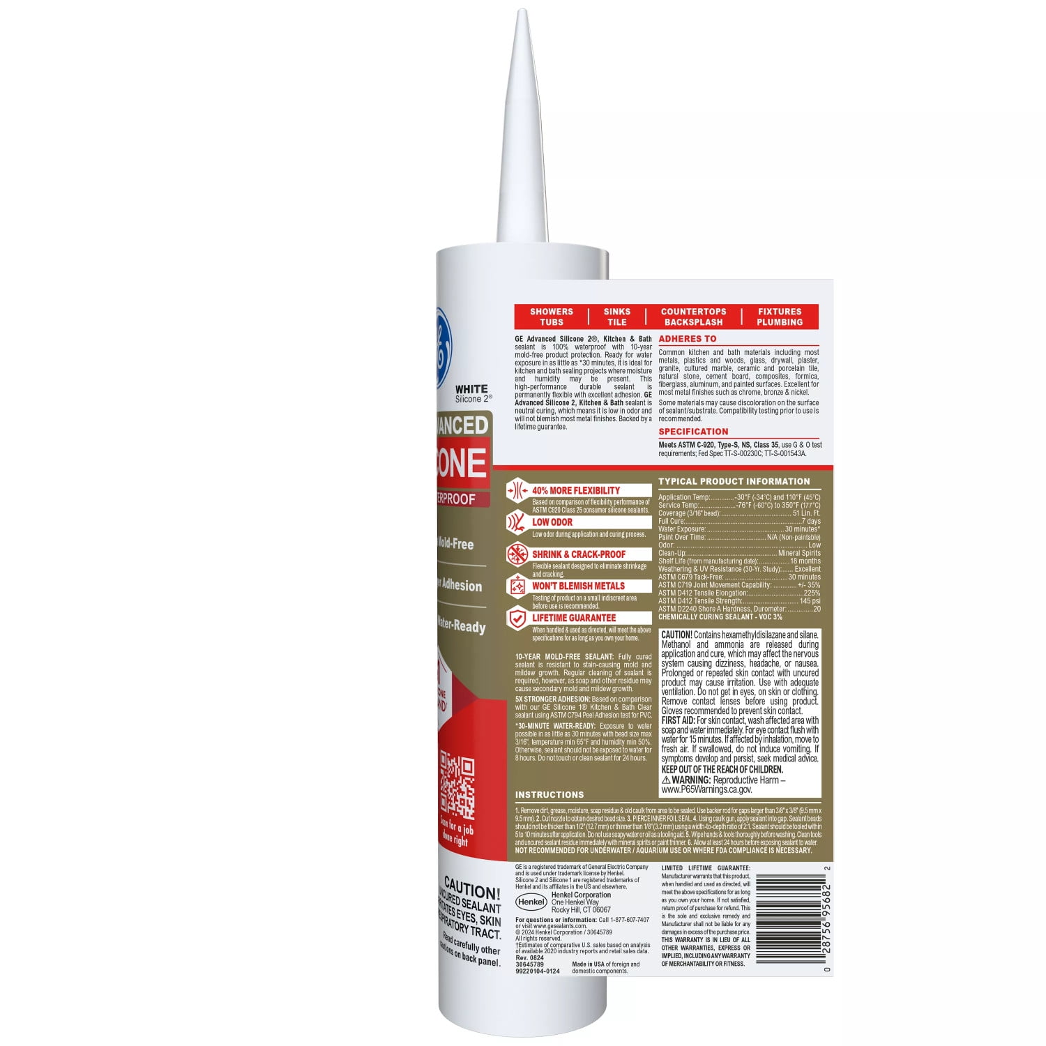 (12 pack) GE Advanced Silicone Kitchen & Bath Sealant, Pack of 1, White 10.1 fl oz Cartridge