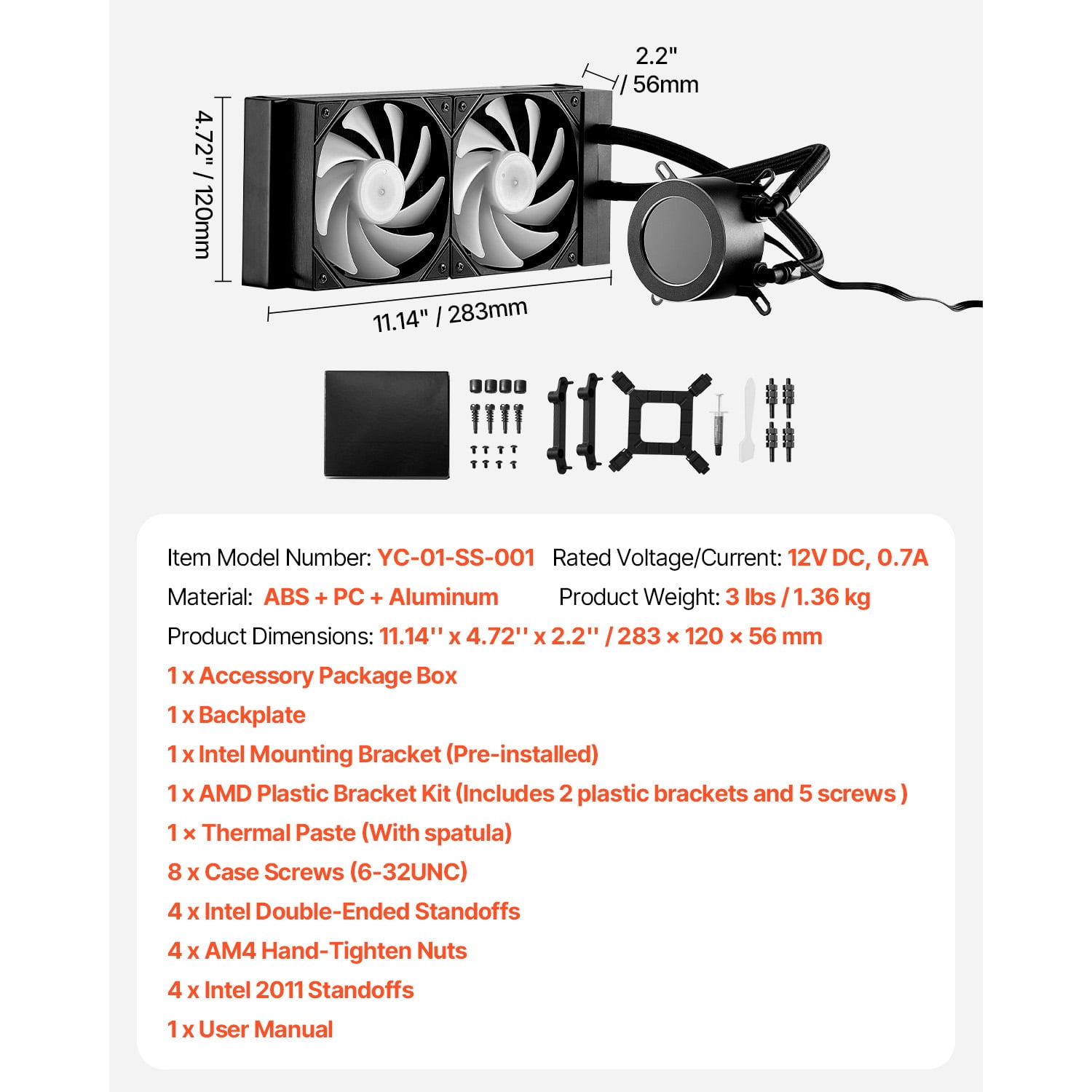 KFFKFF Liquid CPU Cooler, Comprehensive CPU Water Cooler - 120mm PWN Fans & Pump, Customizable Black PC Liquid Cooler with 2.1'' LCD Display & ARGB Lighting, Compatible with Intel 115X/1366/2011