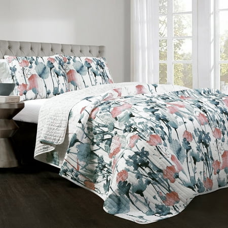 Lush Decor Zuri Flora Cotton Reversible Quilt, Full/Queen, Blue/Coral, 3-Pc Set